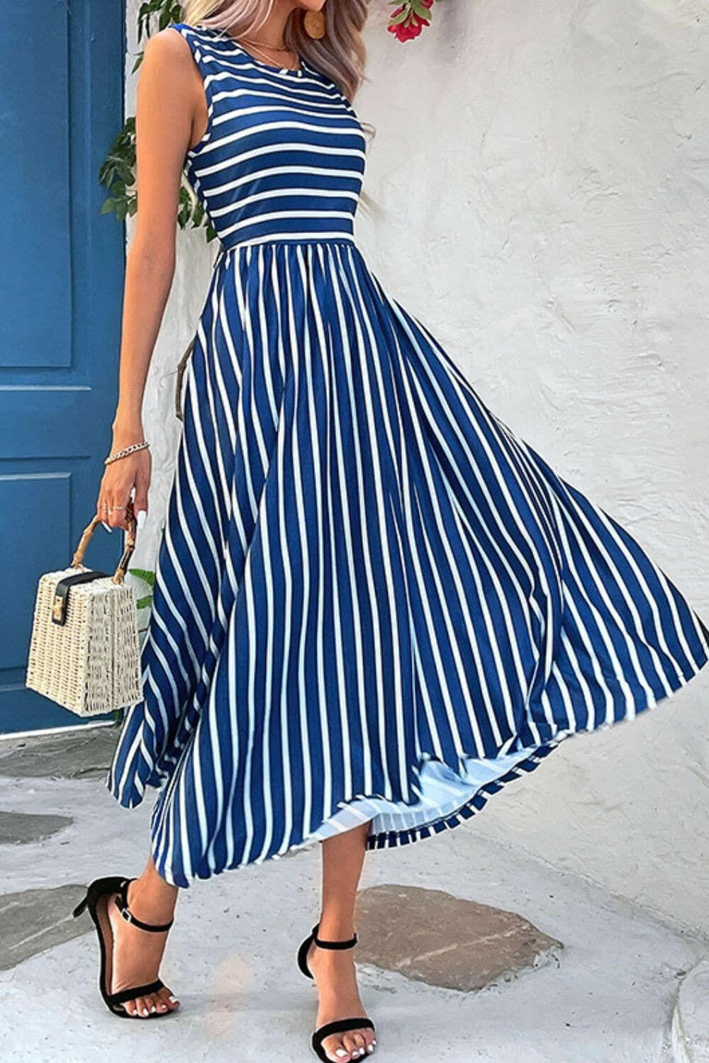 Striped Round Neck Sleeveless Dress with Pockets - By Baano