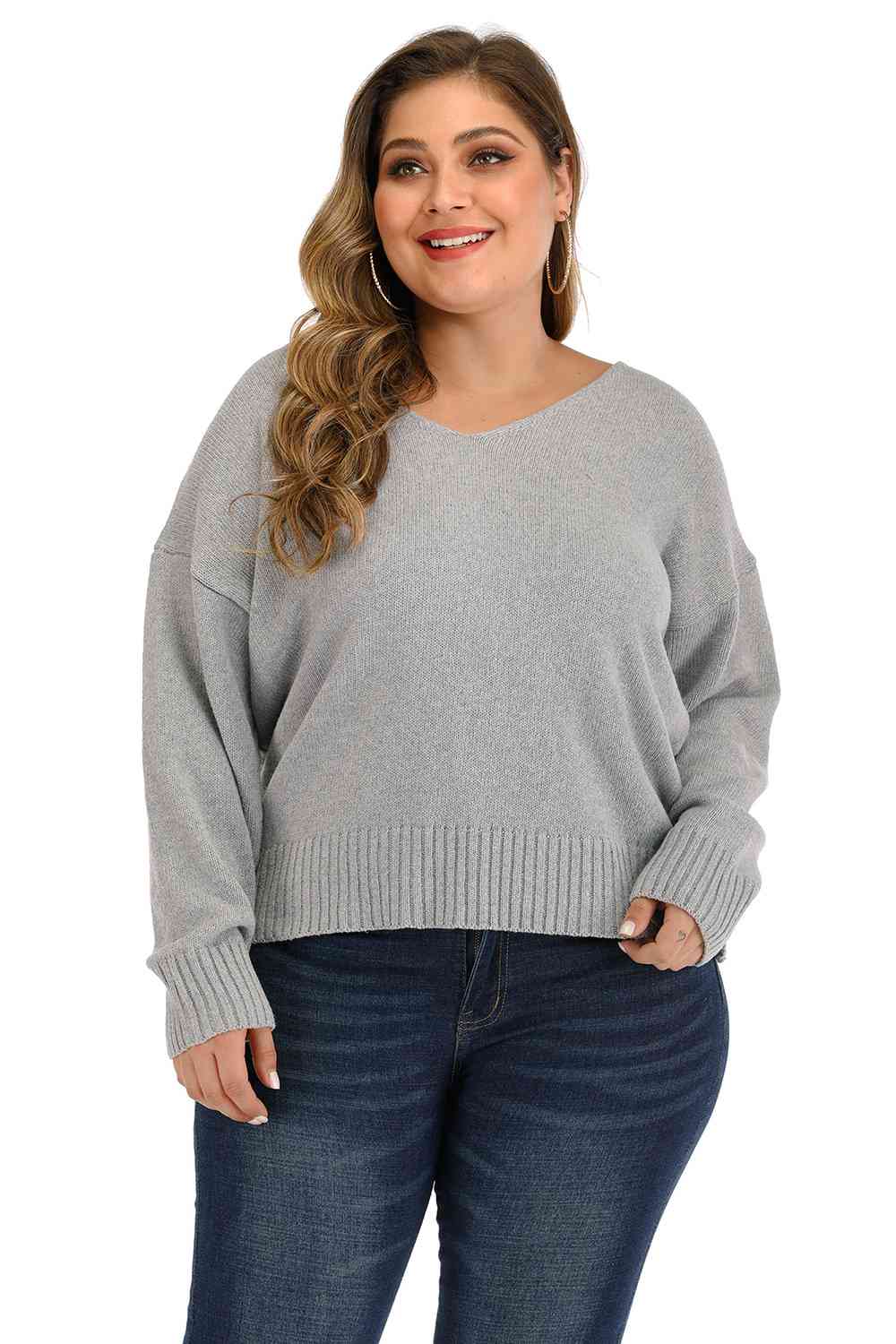 Plus Size V Neck Pullover Sweater - By Baano