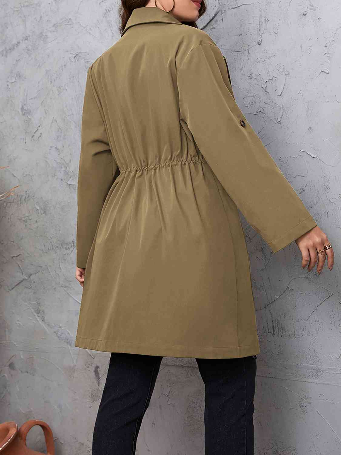 Plus Size Lapel Collar Drawstring Roll-Tab Sleeve Trench Coat - By Baano