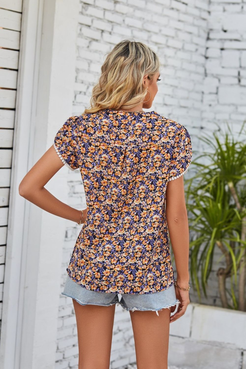 Floral Notched Neck Blouse - By Baano