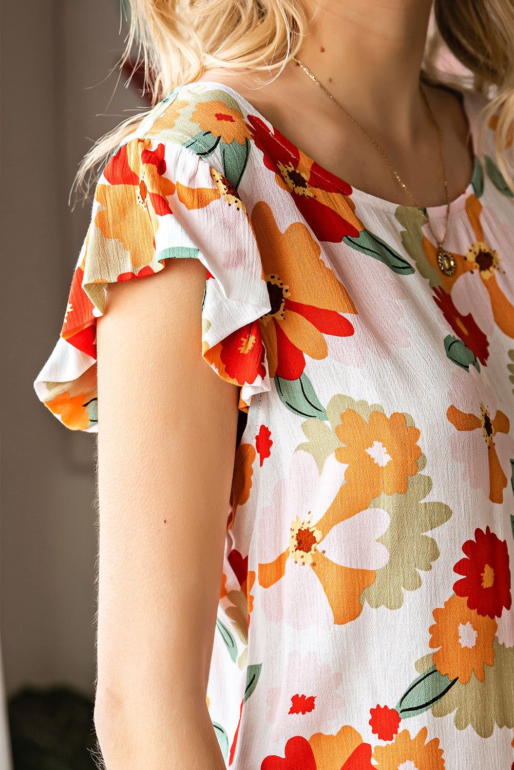 Floral Flutter Sleeve Round Neck Blouse - By Baano