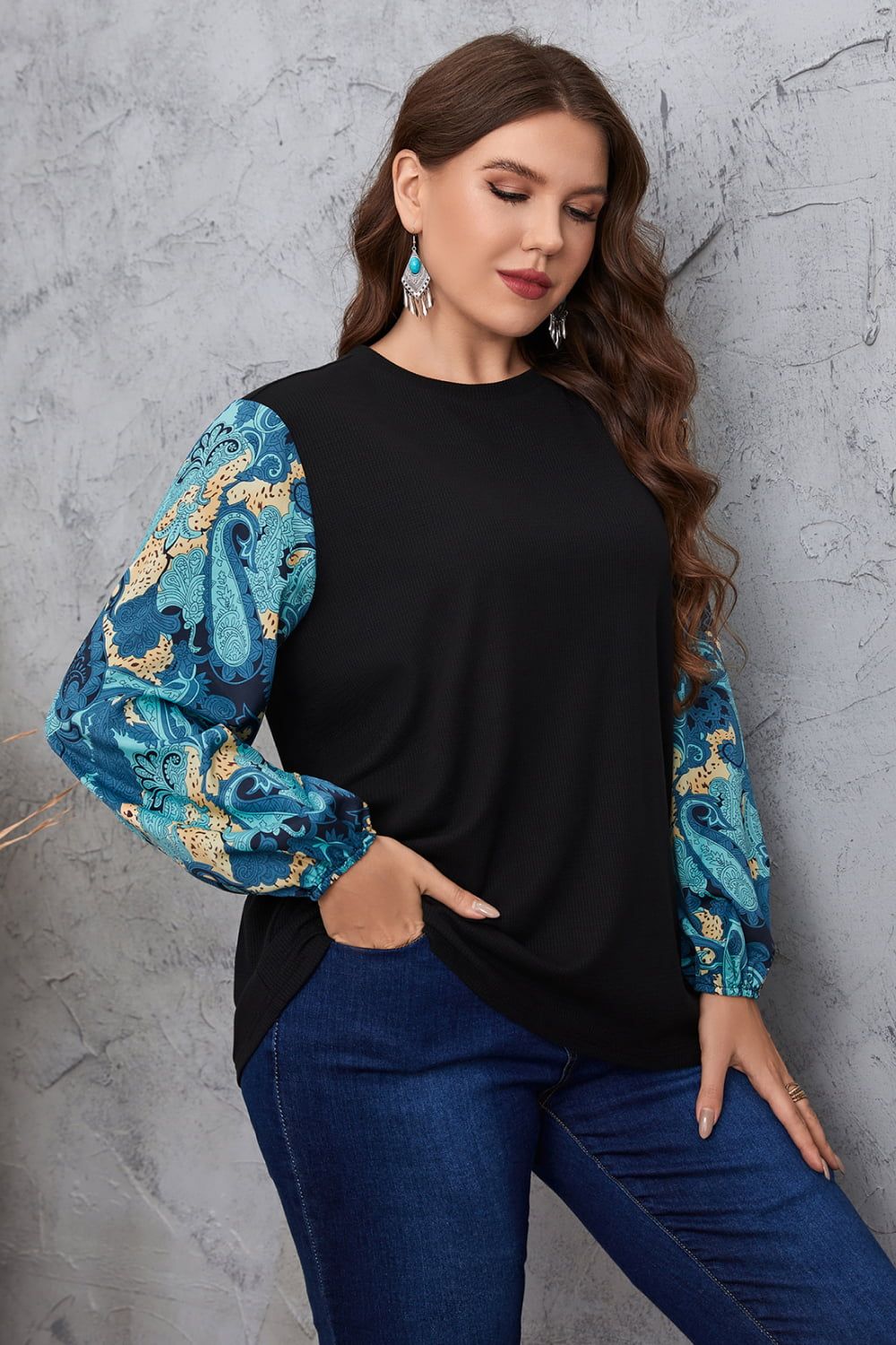 Melo Apparel Plus Size Printed Sleeve Round Neck Blouse.