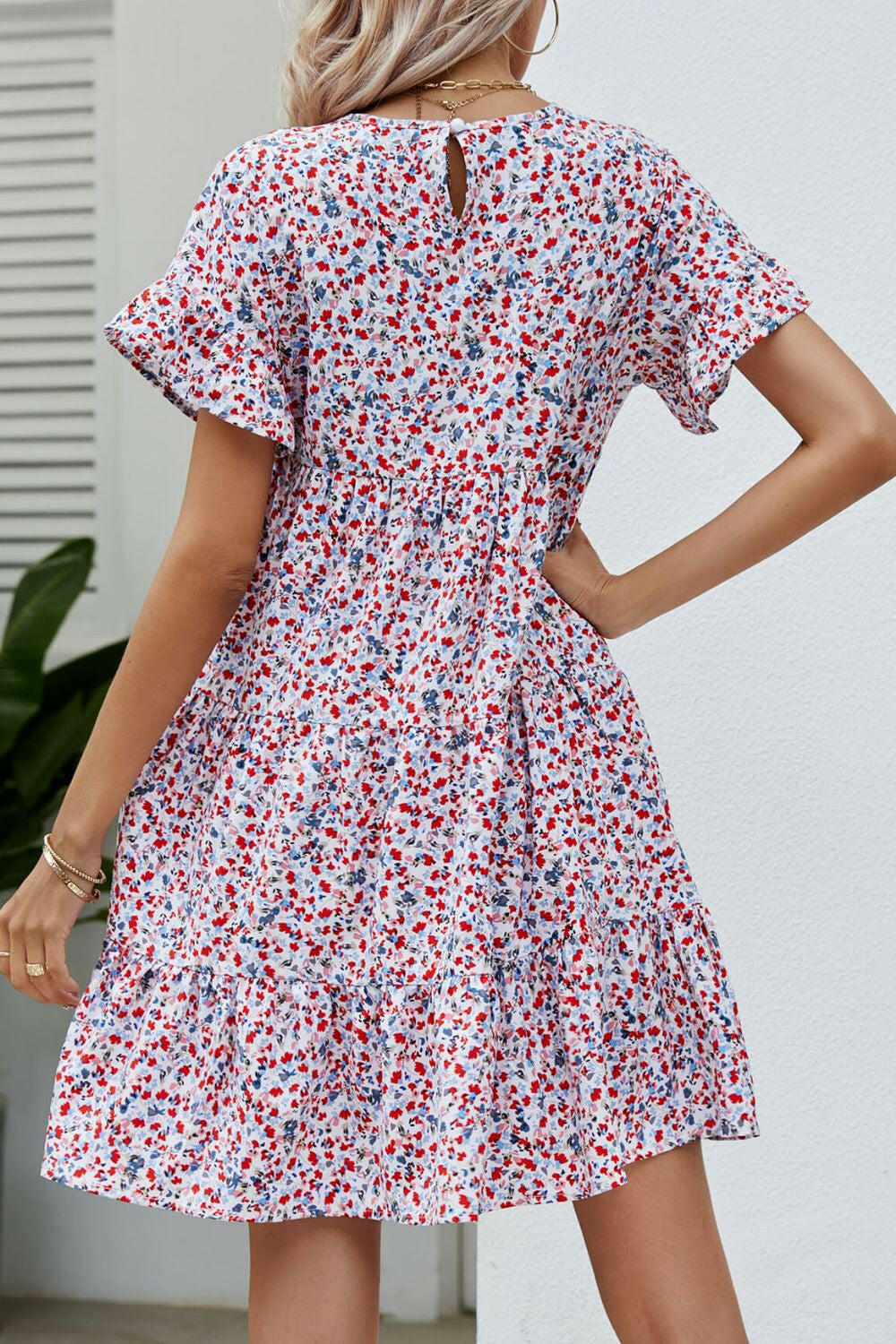 Ditsy Floral Flounce Sleeve Tiered Dress - By Baano