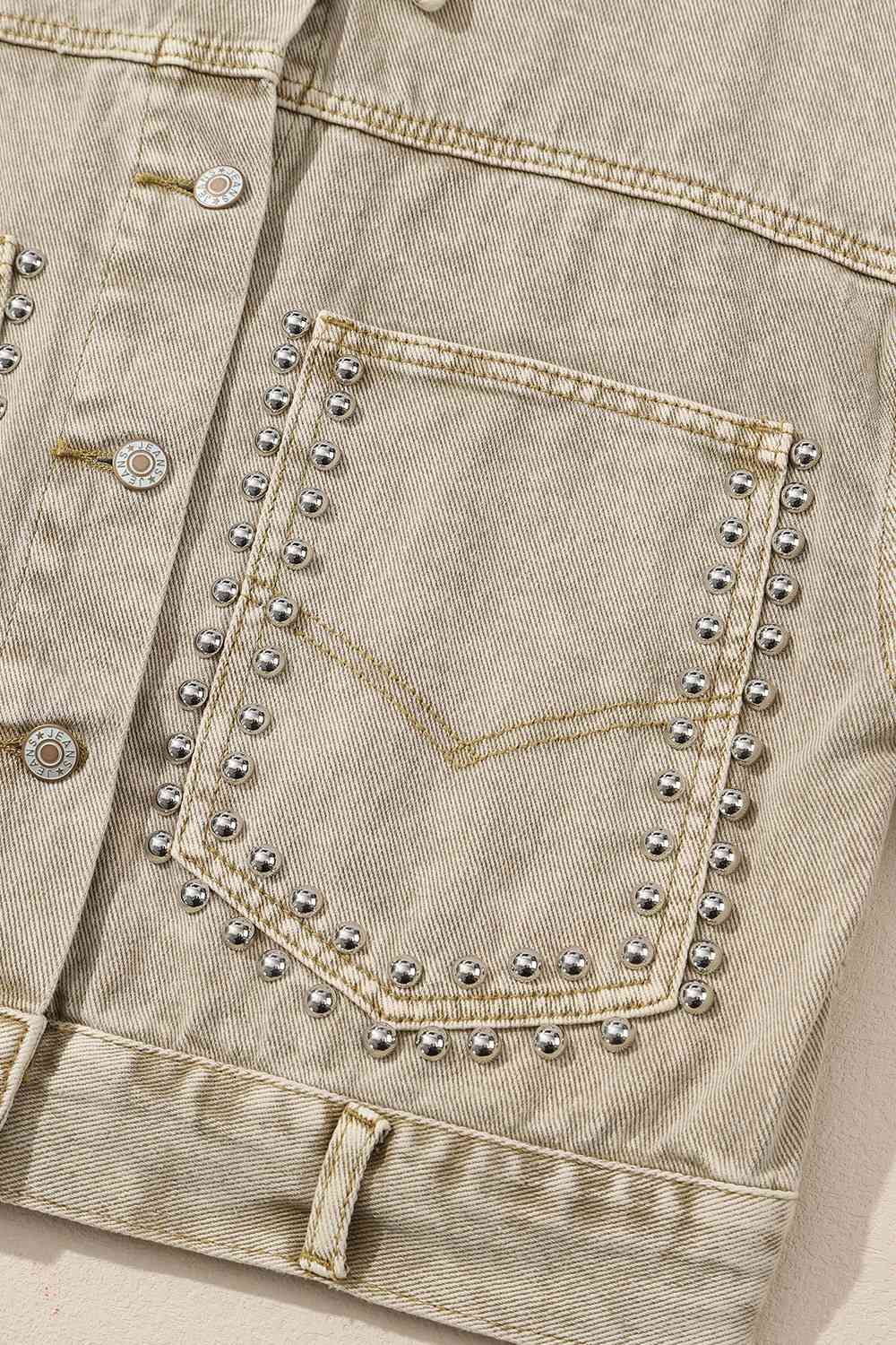 Studded Collared Neck Denim Jacket with Pockets - By Baano