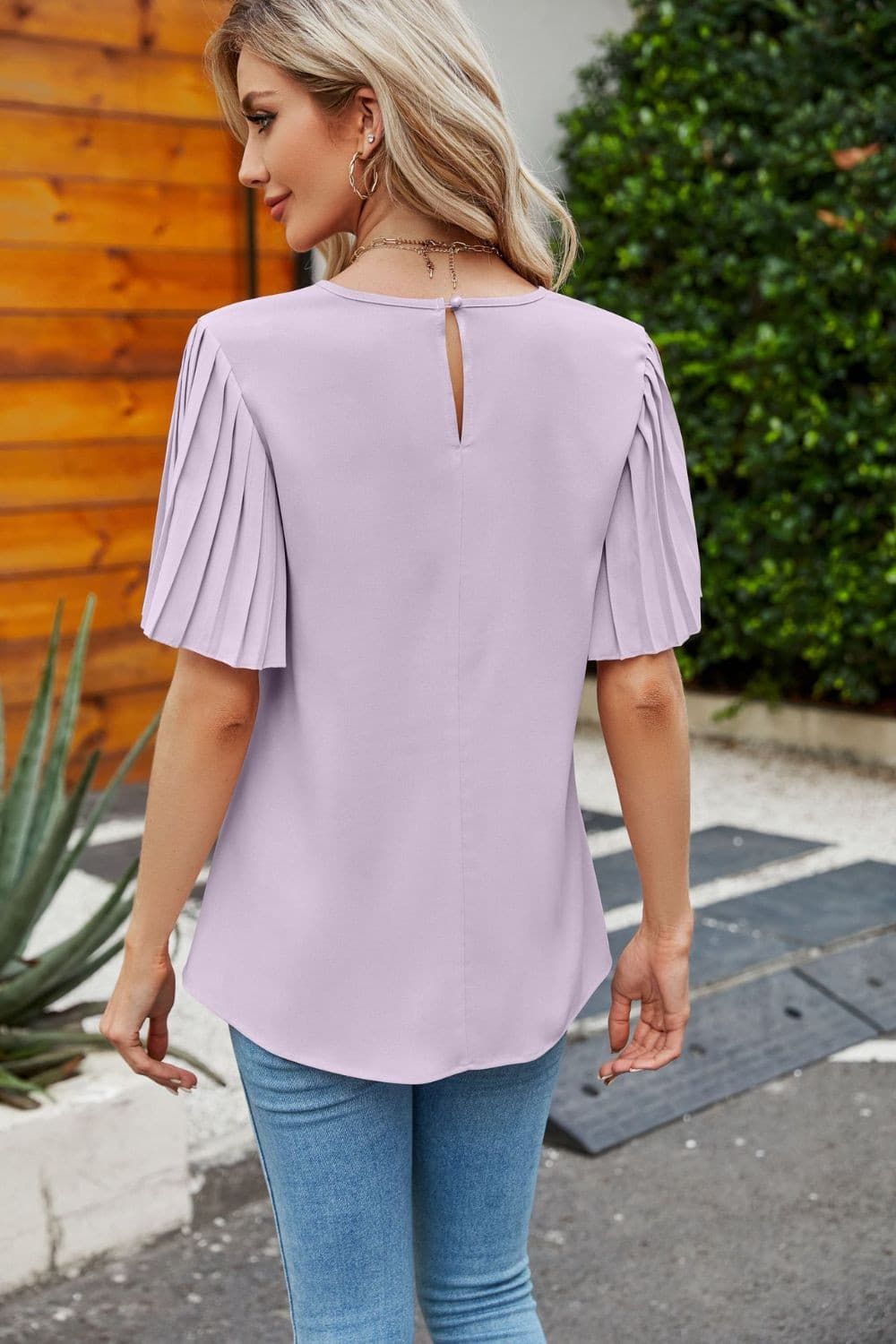 Pleated Flutter Sleeve Round Neck Blouse - By Baano