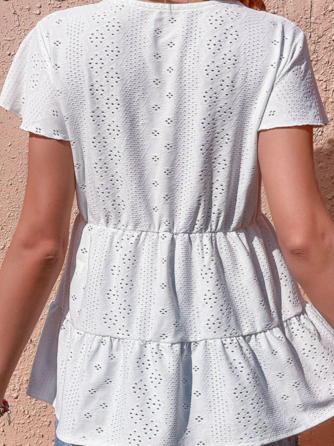 Button Front Eyelet Flutter Sleeve Tiered Blouse - By Baano