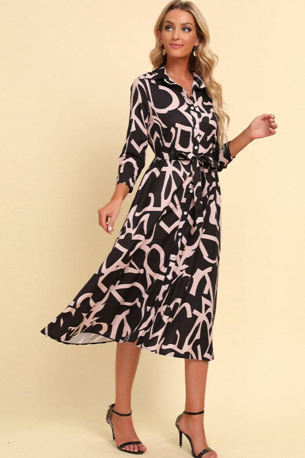 Printed Button Front Belted Midi Dress.