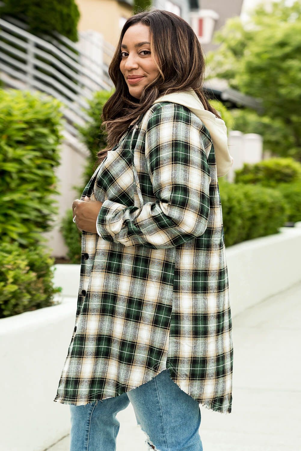 Plus Size Plaid Curved Hem Button Front Shirt - By Baano