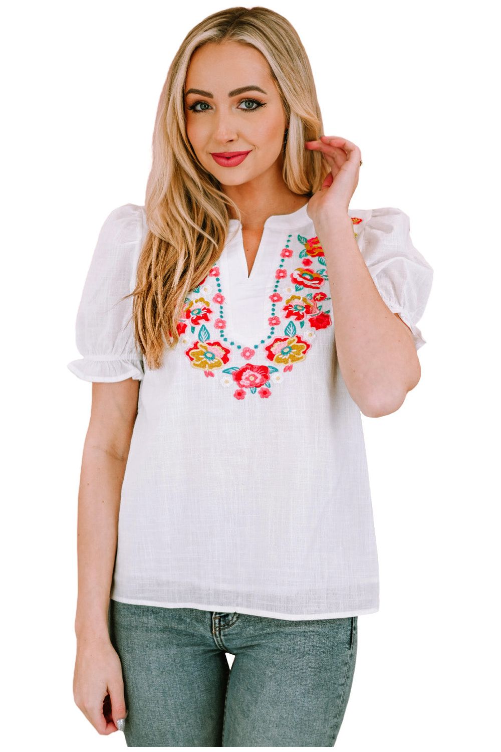 Embroidered Notched Neck Flounce Sleeve Top - By Baano