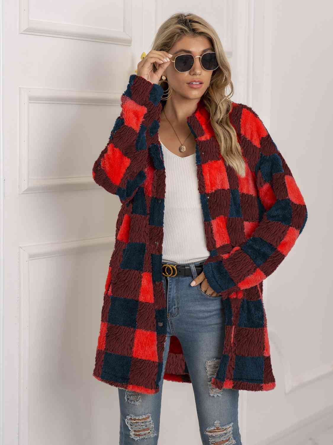 Plaid Collared Neck Longline Coat - By Baano