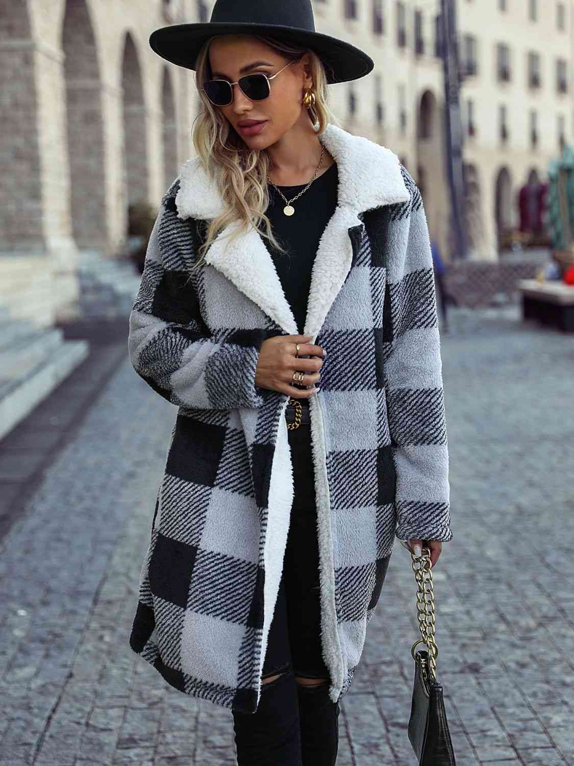 Plaid Open Front Coat with Pockets - By Baano