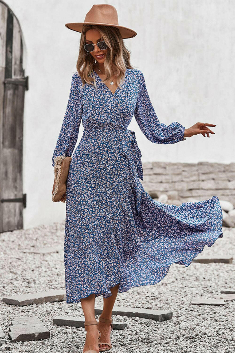 Floral Surplice Neck Long Sleeve Dress - By Baano