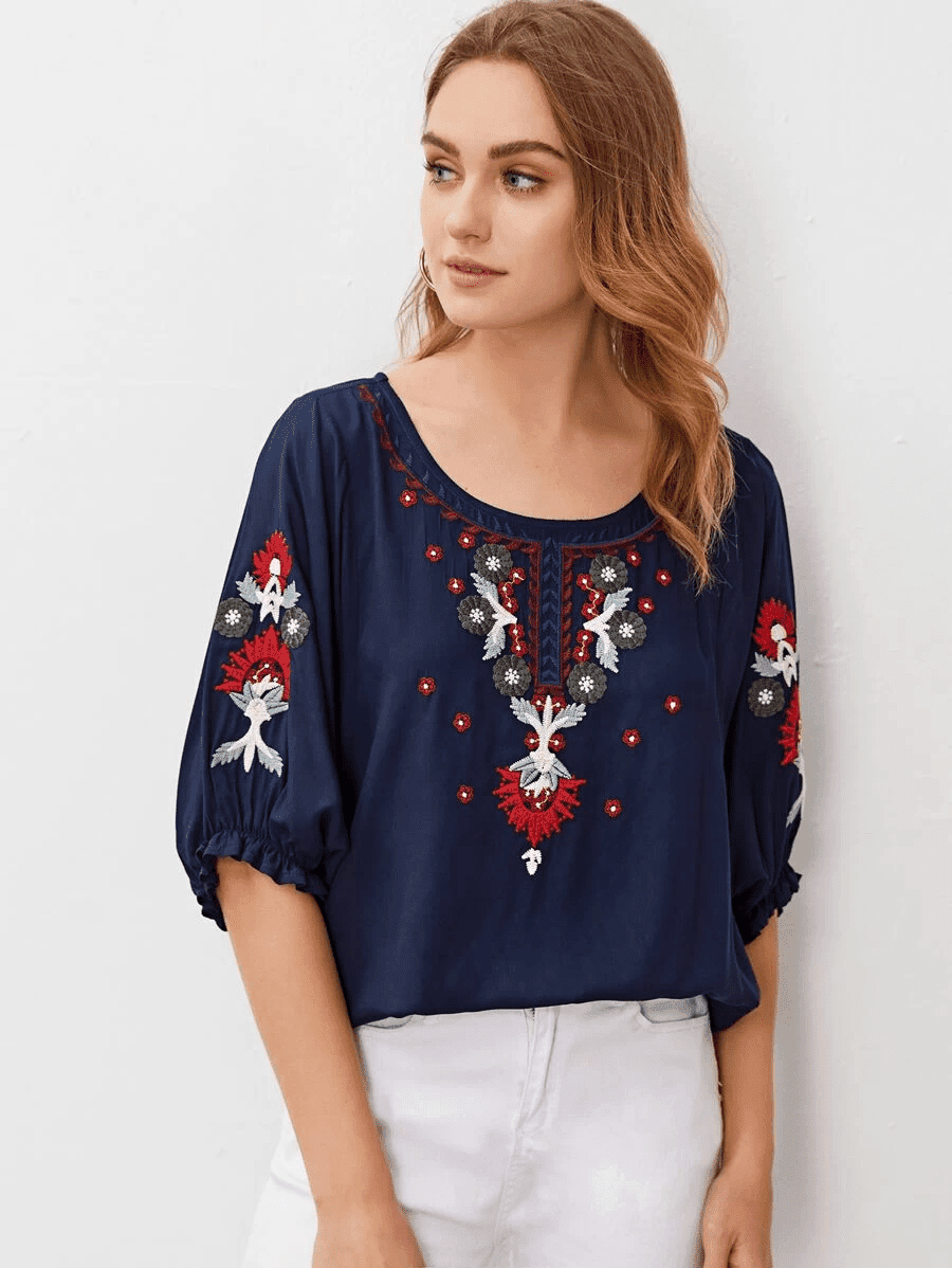 Embroidered Round Neck Flounce Sleeve Blouse - By Baano