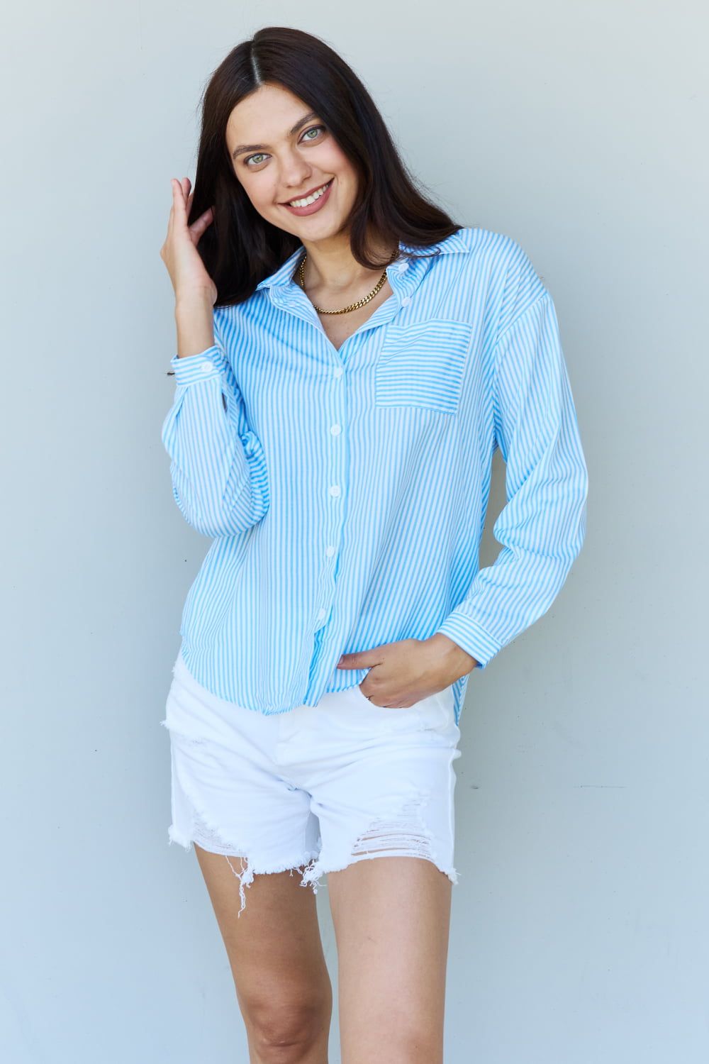 Doublju She Means Business Striped Button Down Shirt Top - By Baano