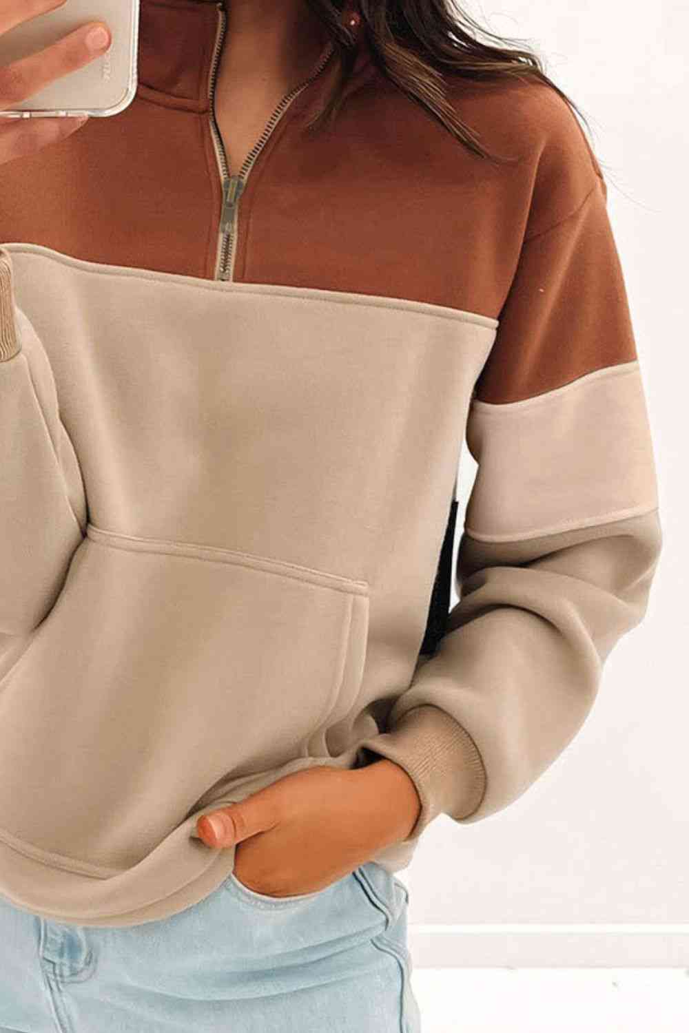 Half Zip Up Sweatshirt with Front Pocket - By Baano