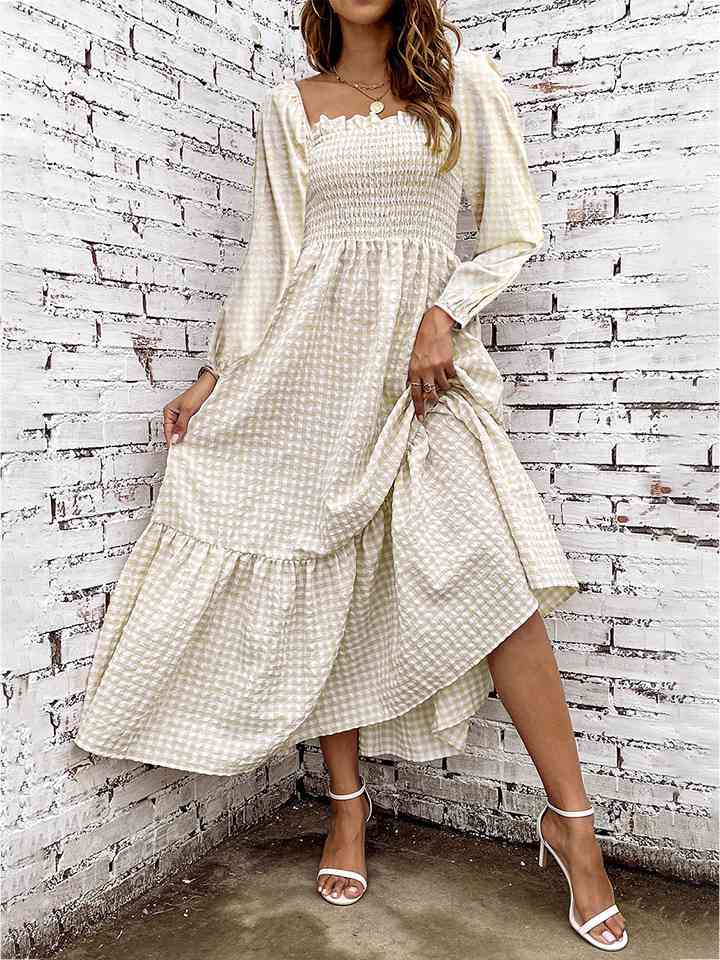 Smocked Square Neck Long Sleeve Dress - By Baano
