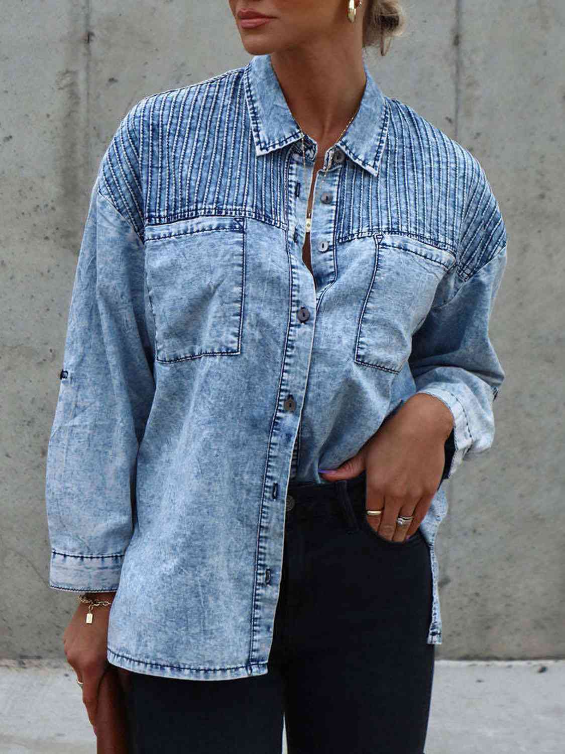 Button Front Collared Denim Jacket - By Baano
