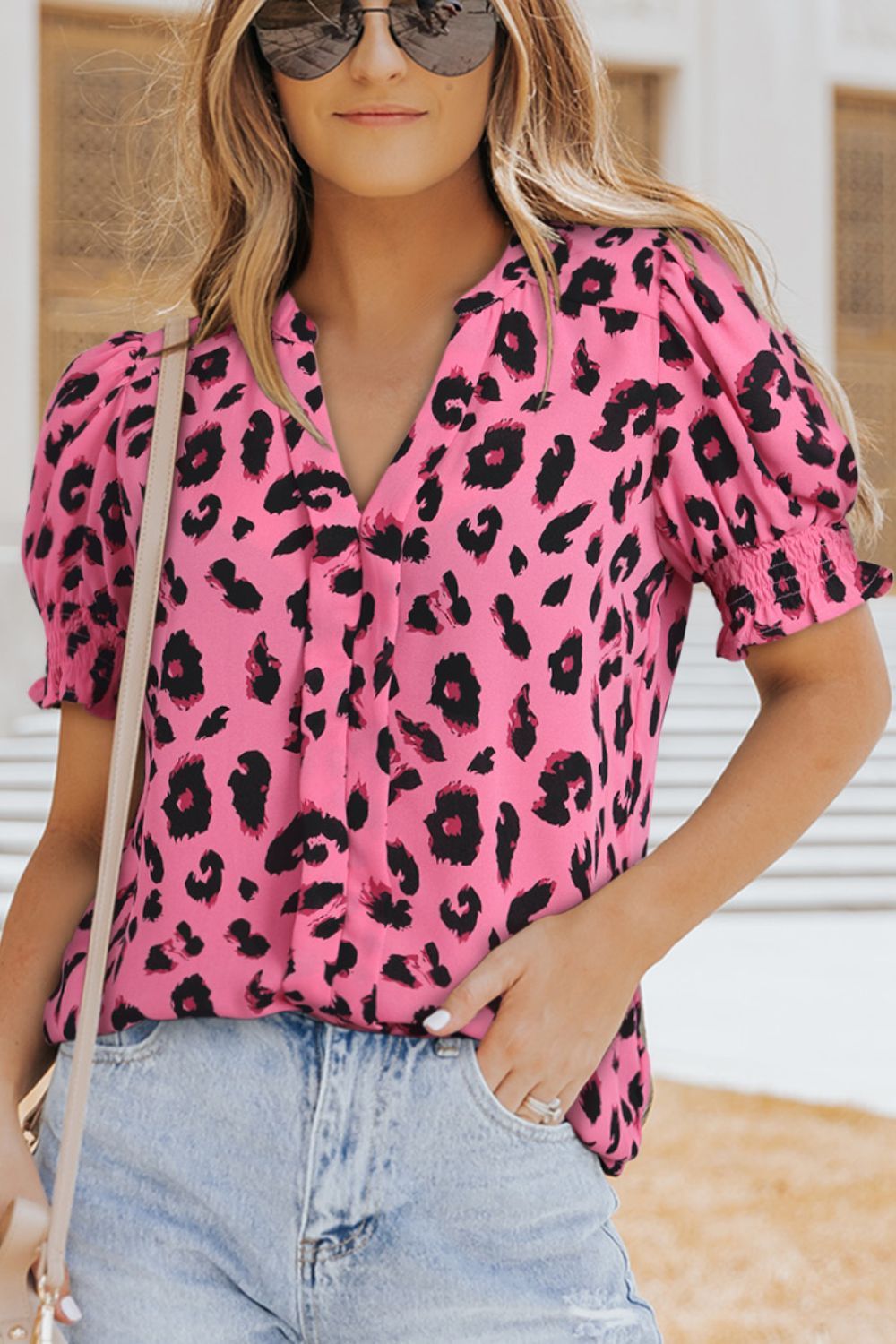Leopard Notched Neck Short Flounce Sleeve Blouse - By Baano