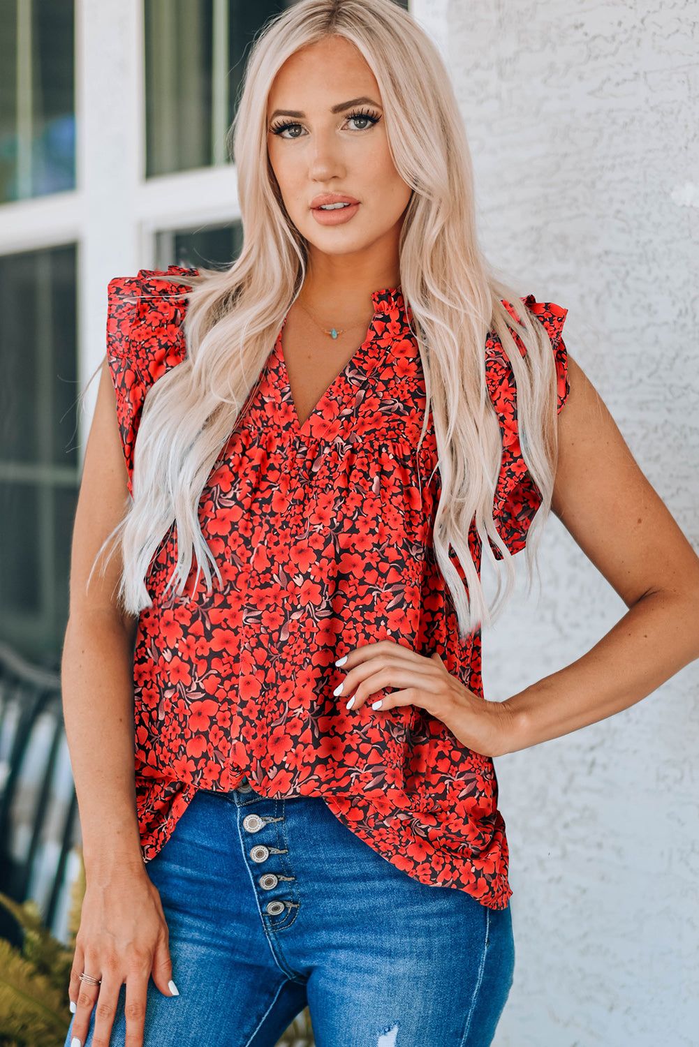 Floral Flutter Sleeve Notched Neck Blouse - By Baano