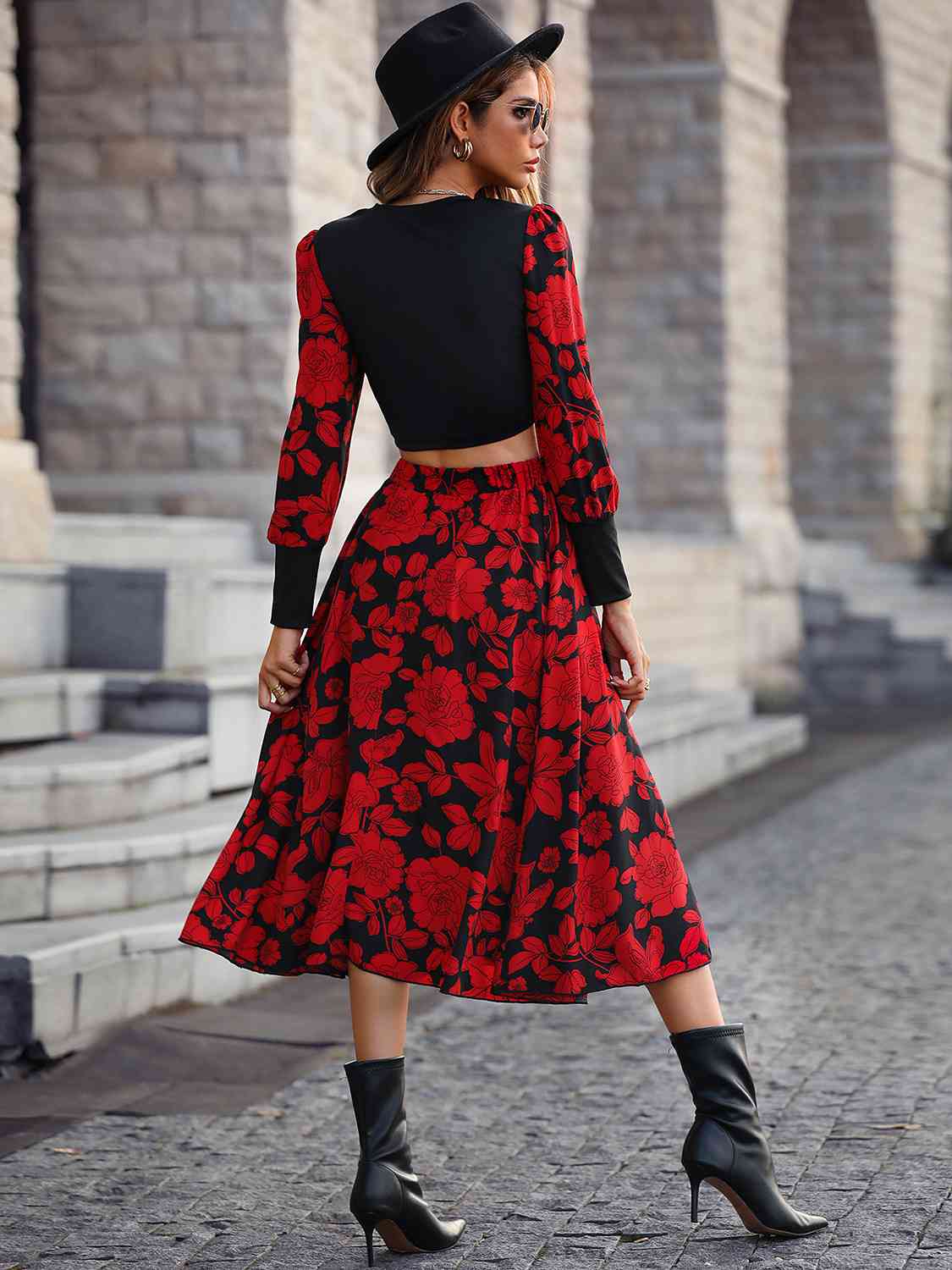 Round Neck Lantern Sleeve Floral Print Top and Skirt Set - By Baano