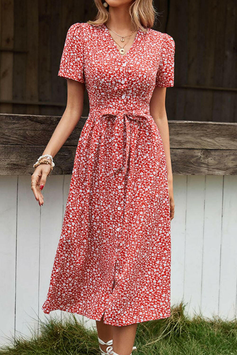 Ditsy Floral Button Front Tied Puff Sleeve Dress.