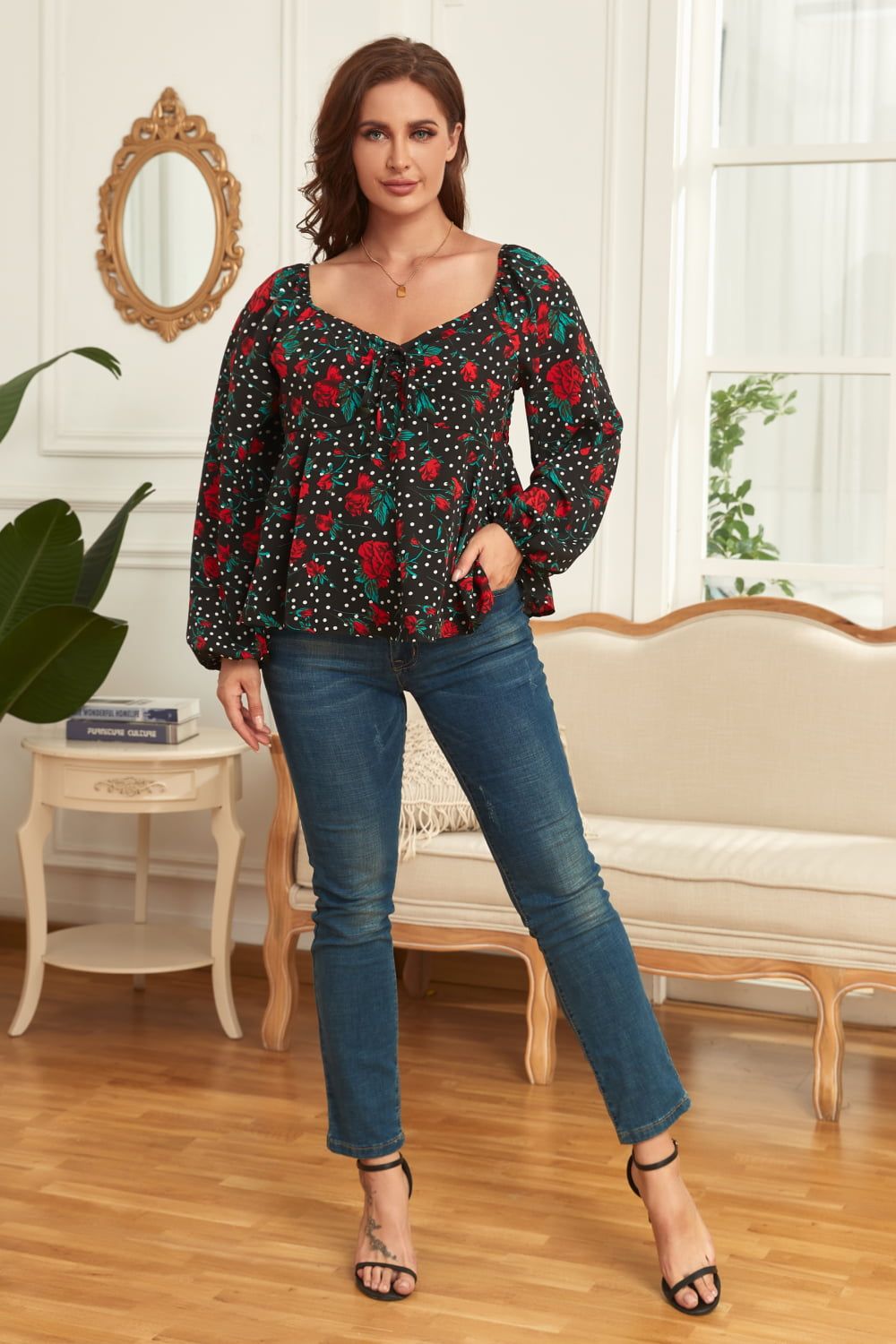 Melo Apparel Plus Size Floral Balloon Sleeve Blouse.