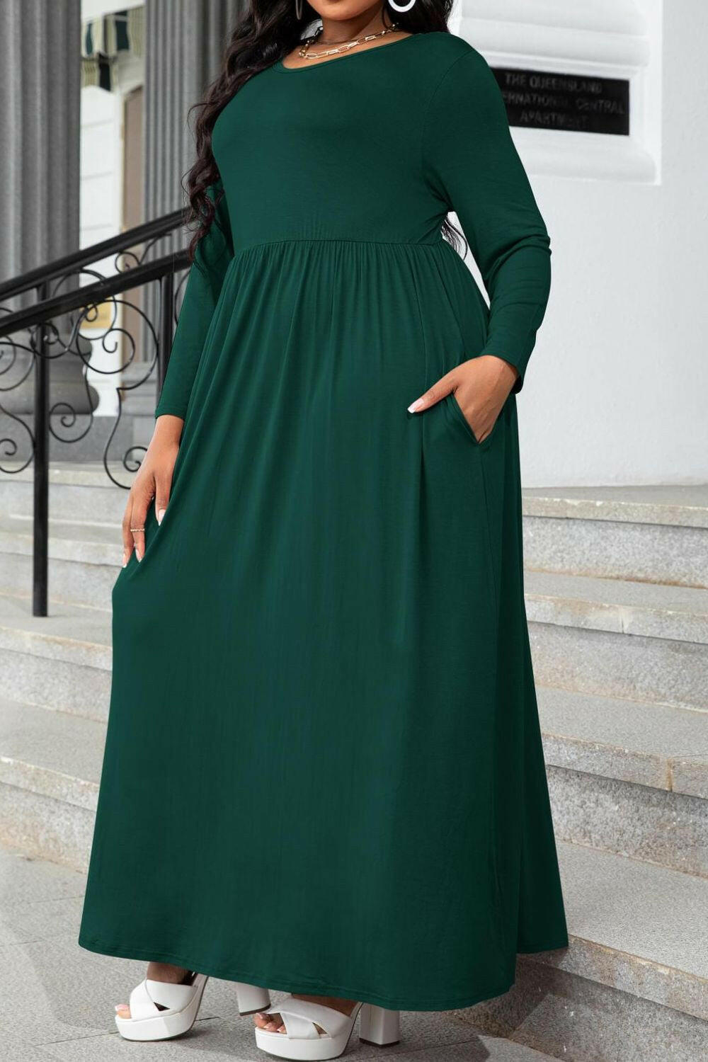 Plus Size Round Neck Long Sleeve Maxi Dress with Pockets - By Baano