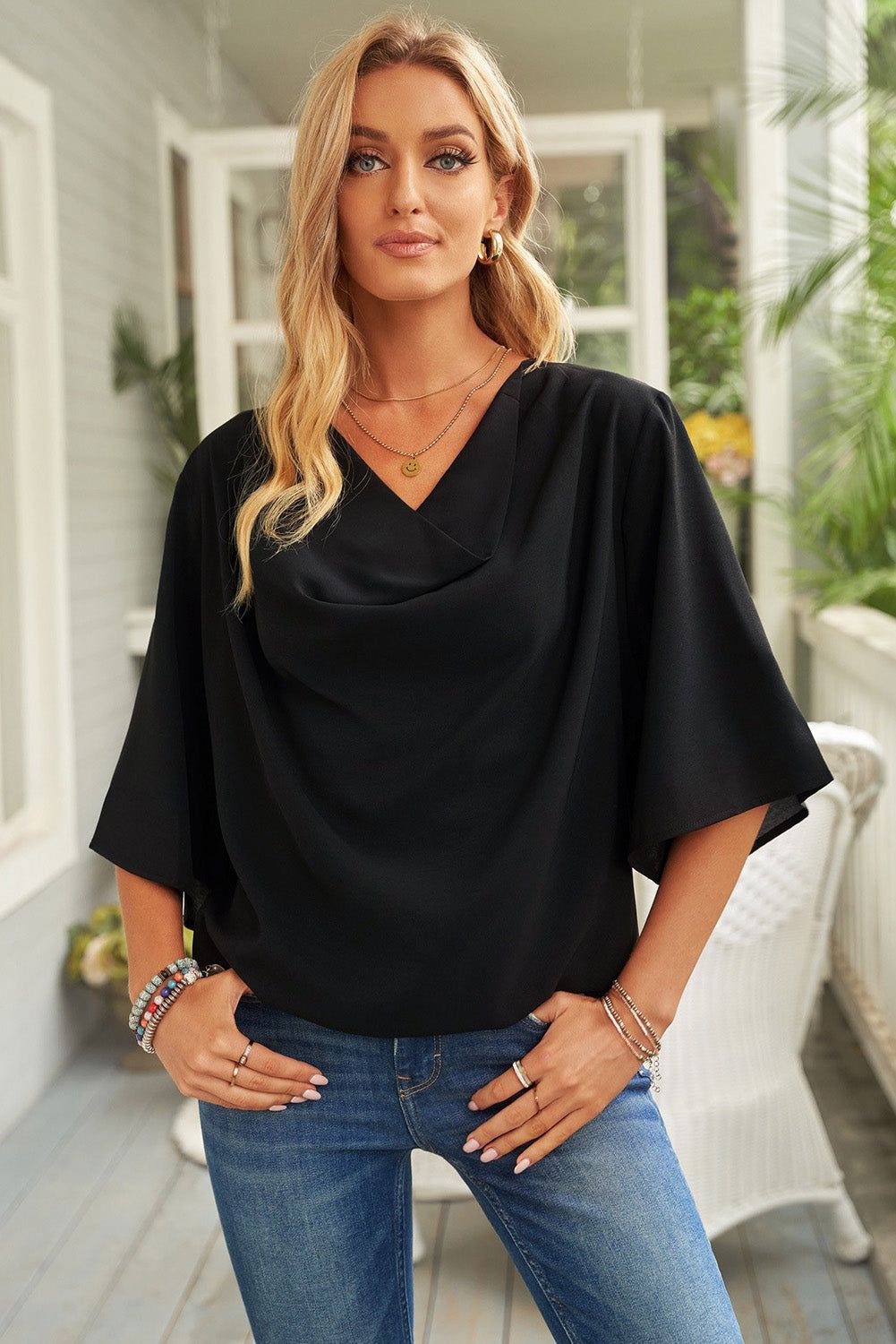 Cowl Neck Three-Quarter Sleeve Blouse - By Baano