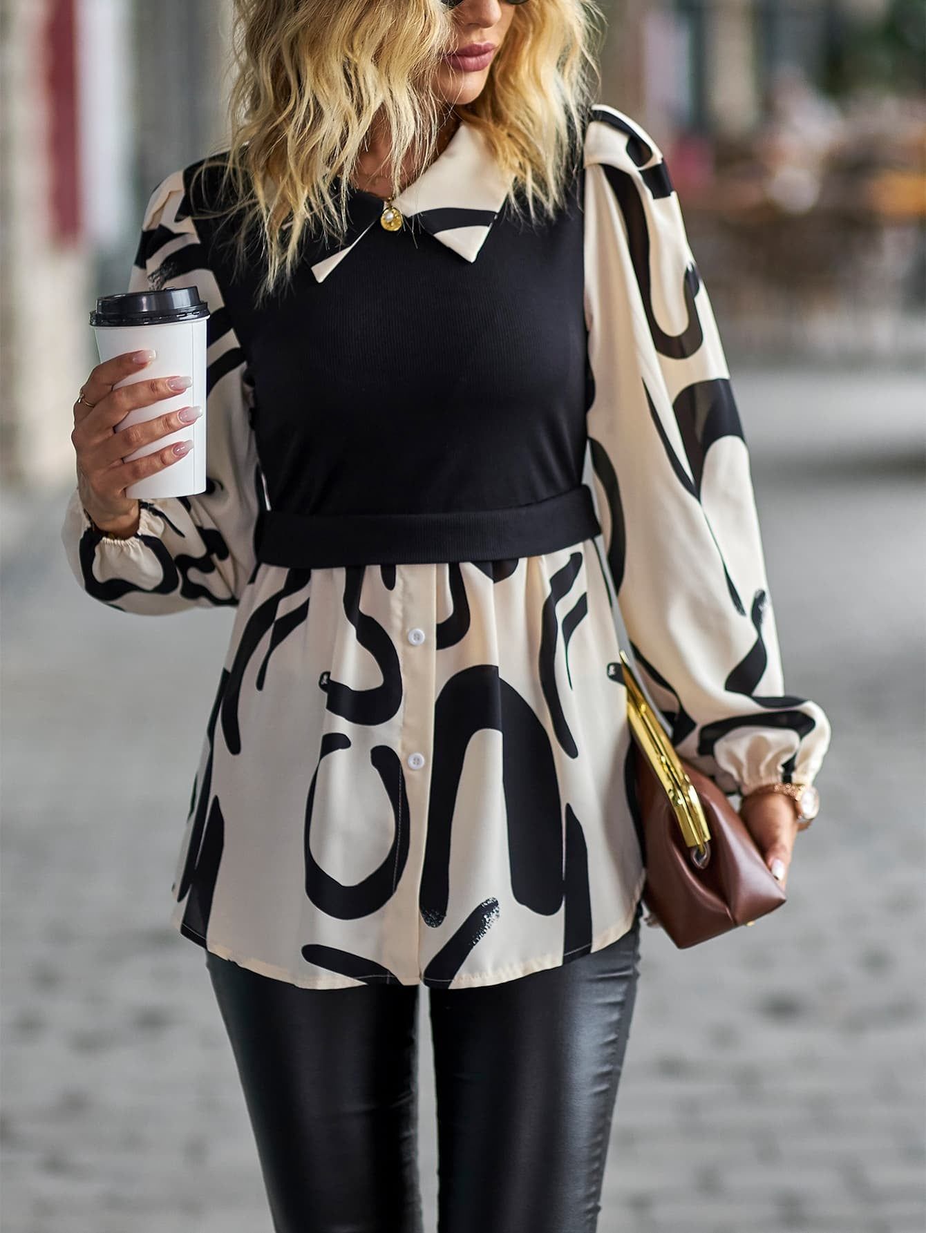 Two-Tone Long Puff Sleeve Blouse.