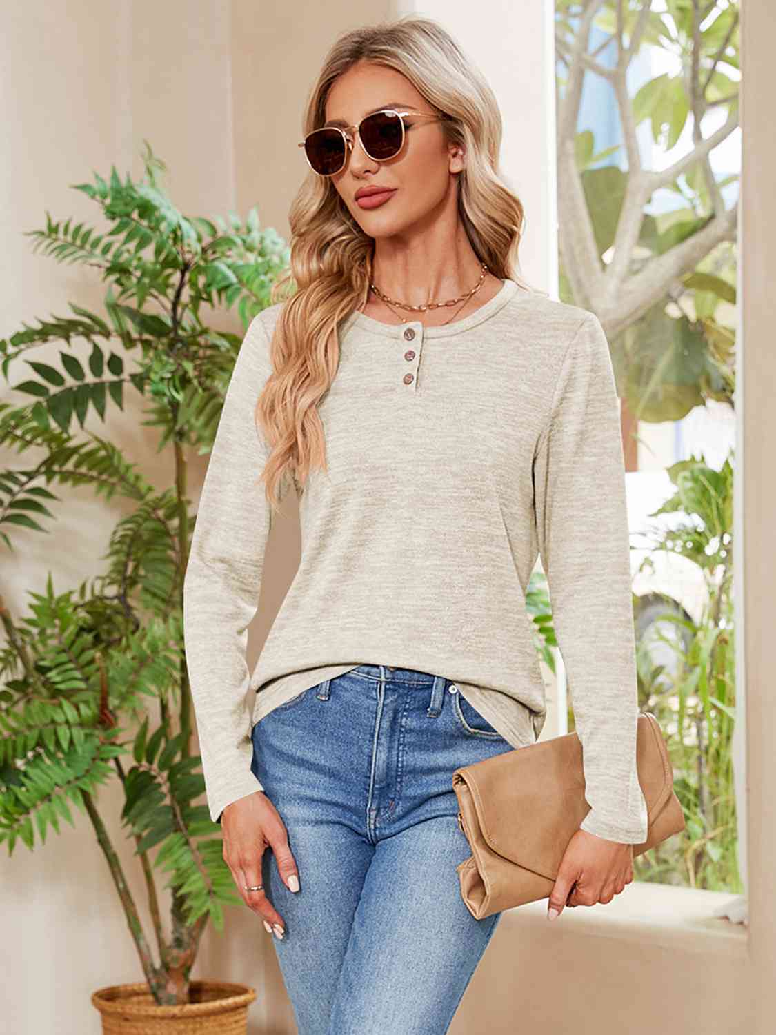 Buttoned Round Neck Long Sleeve T-Shirt - By Baano