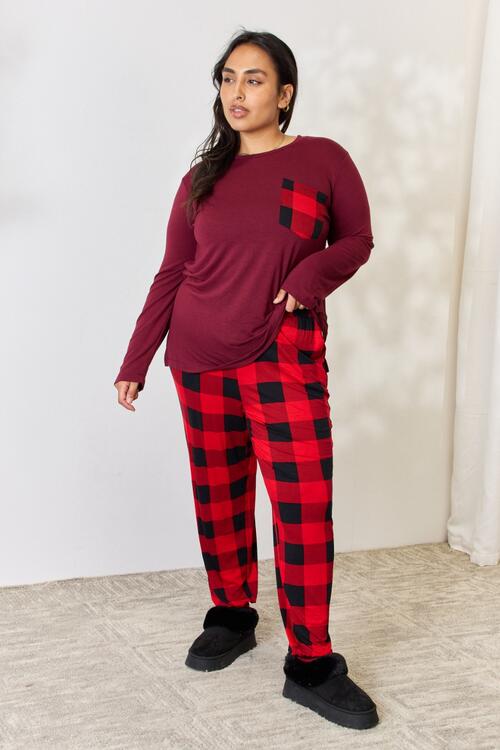 Zenana Full Size Plaid Round Neck Top and Pants Pajama Set - By Baano