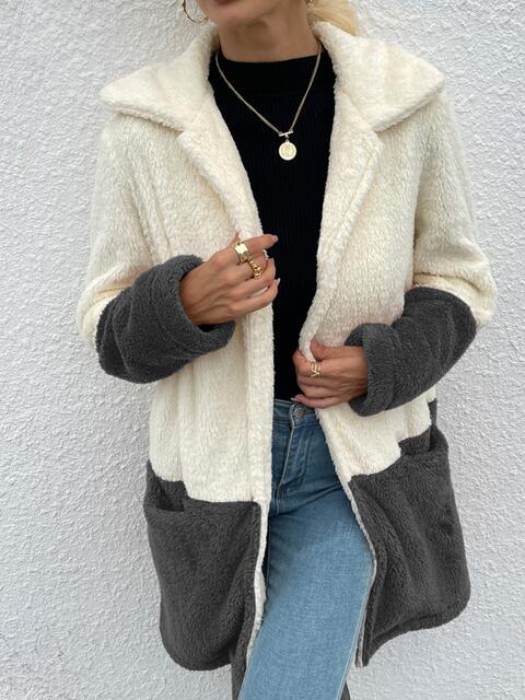 Two Tone Teddy Coat with Pockets