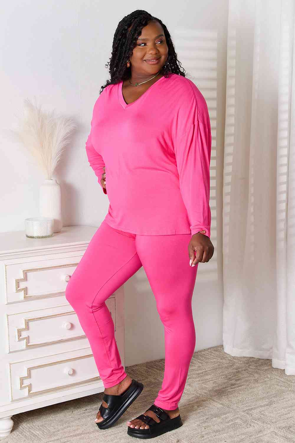 Basic Bae Full Size V-Neck Soft Rayon Long Sleeve Top and Pants Lounge Set - By Baano