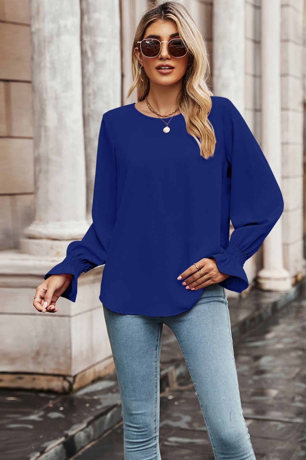Notched Neck Button-UP Smocked Flounce Sleeve Blouse