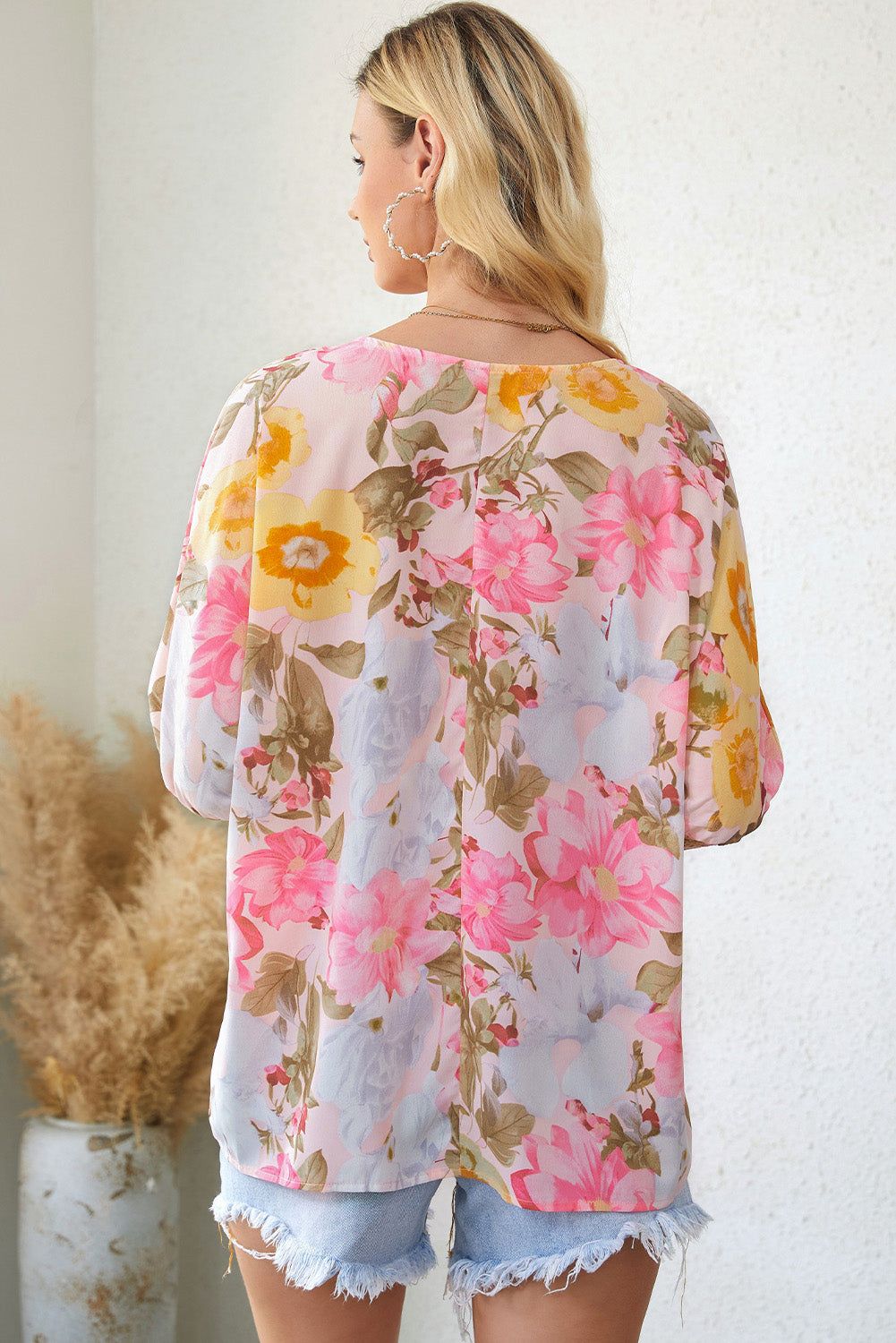 Floral Round Neck Three-Quarter Sleeve Top - By Baano