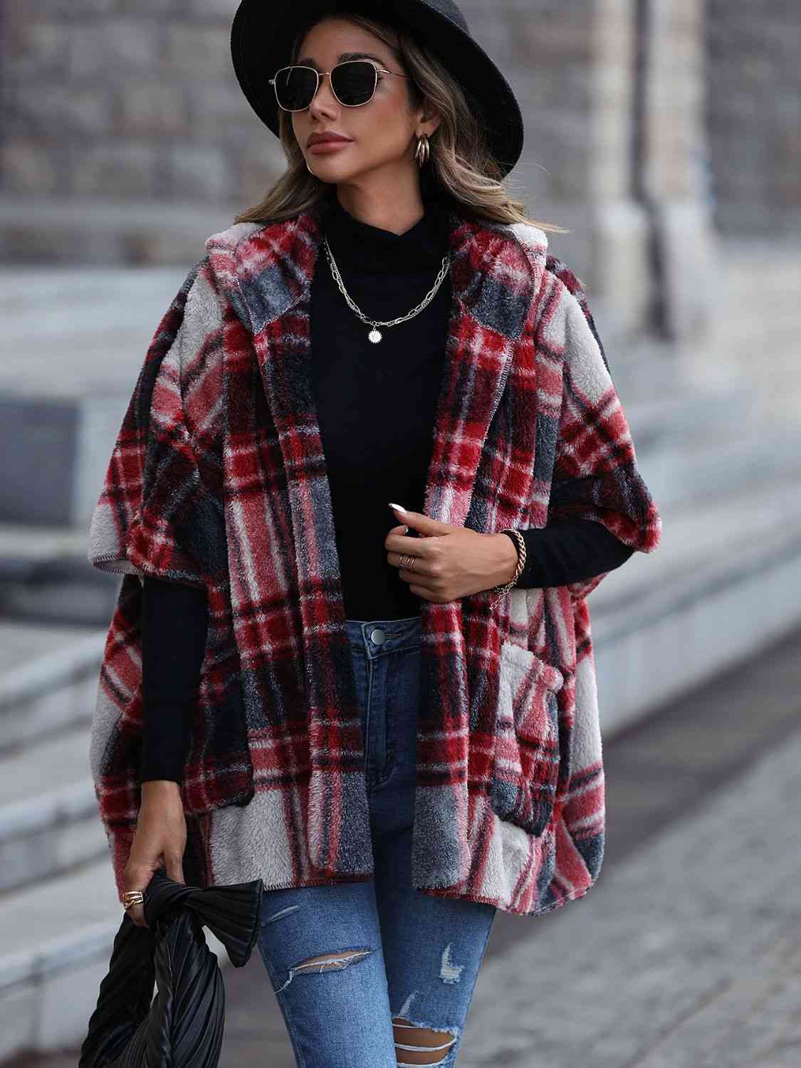 Plaid Hooded Coat with Pockets - By Baano