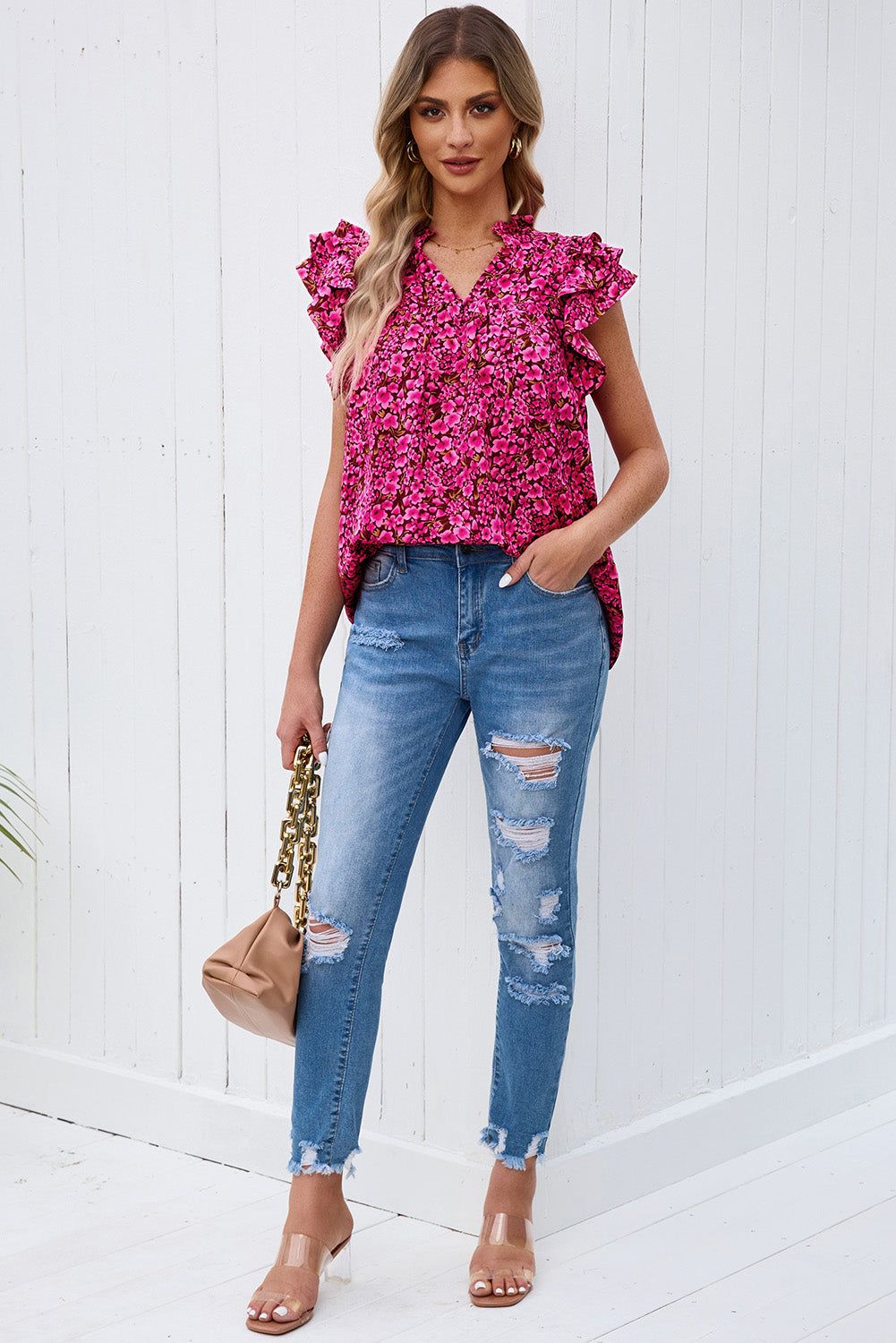 Floral Flutter Sleeve Notched Neck Blouse - By Baano