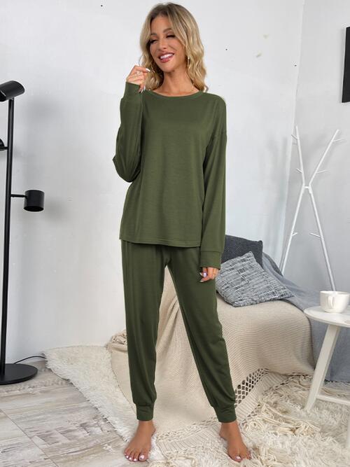 Round Neck Top and Drawstring Pants Lounge Set - By Baano