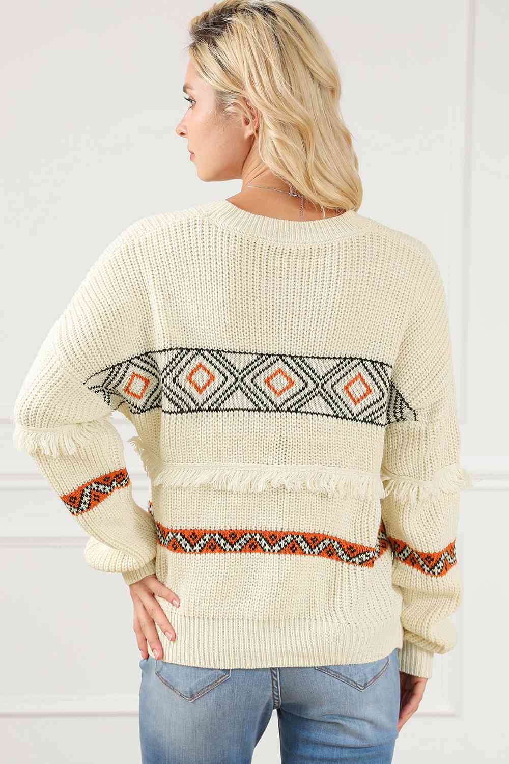 Geometric Round Neck Fringe Detail Sweater - By Baano