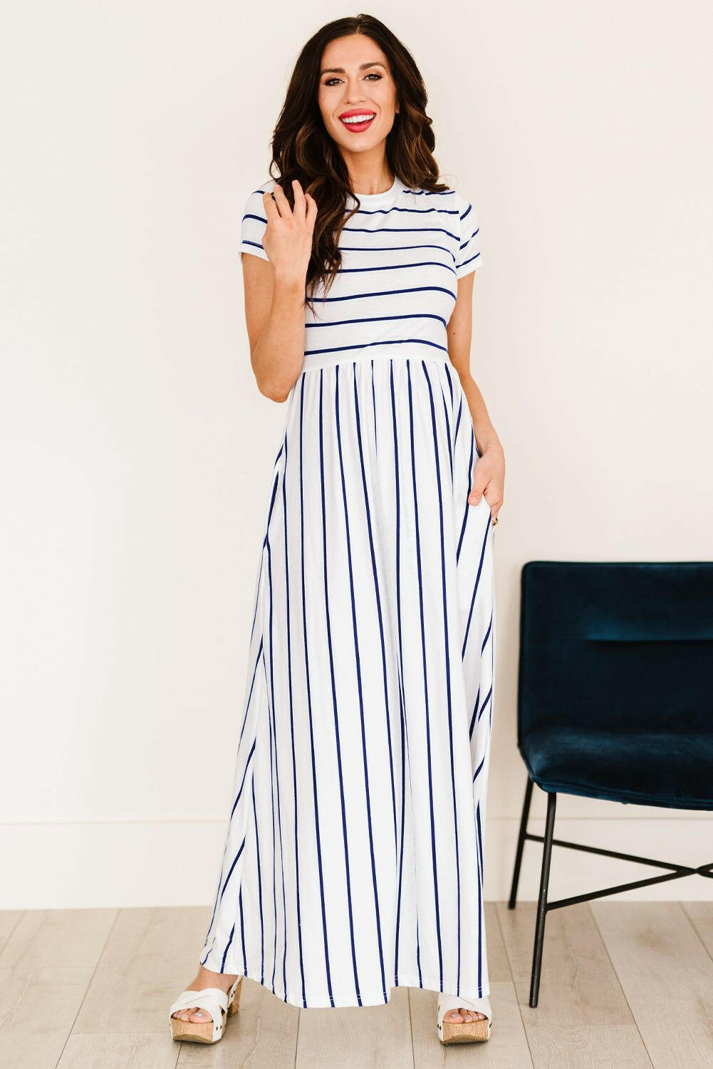 Striped Short Sleeve Crewneck Maxi Dress - By Baano