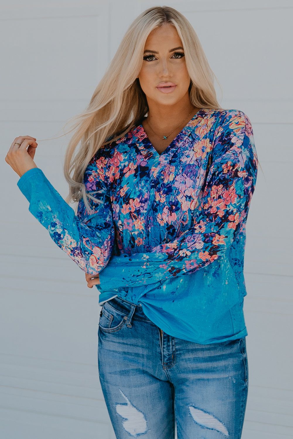 Floral V-Neck Long Sleeve Top - By Baano