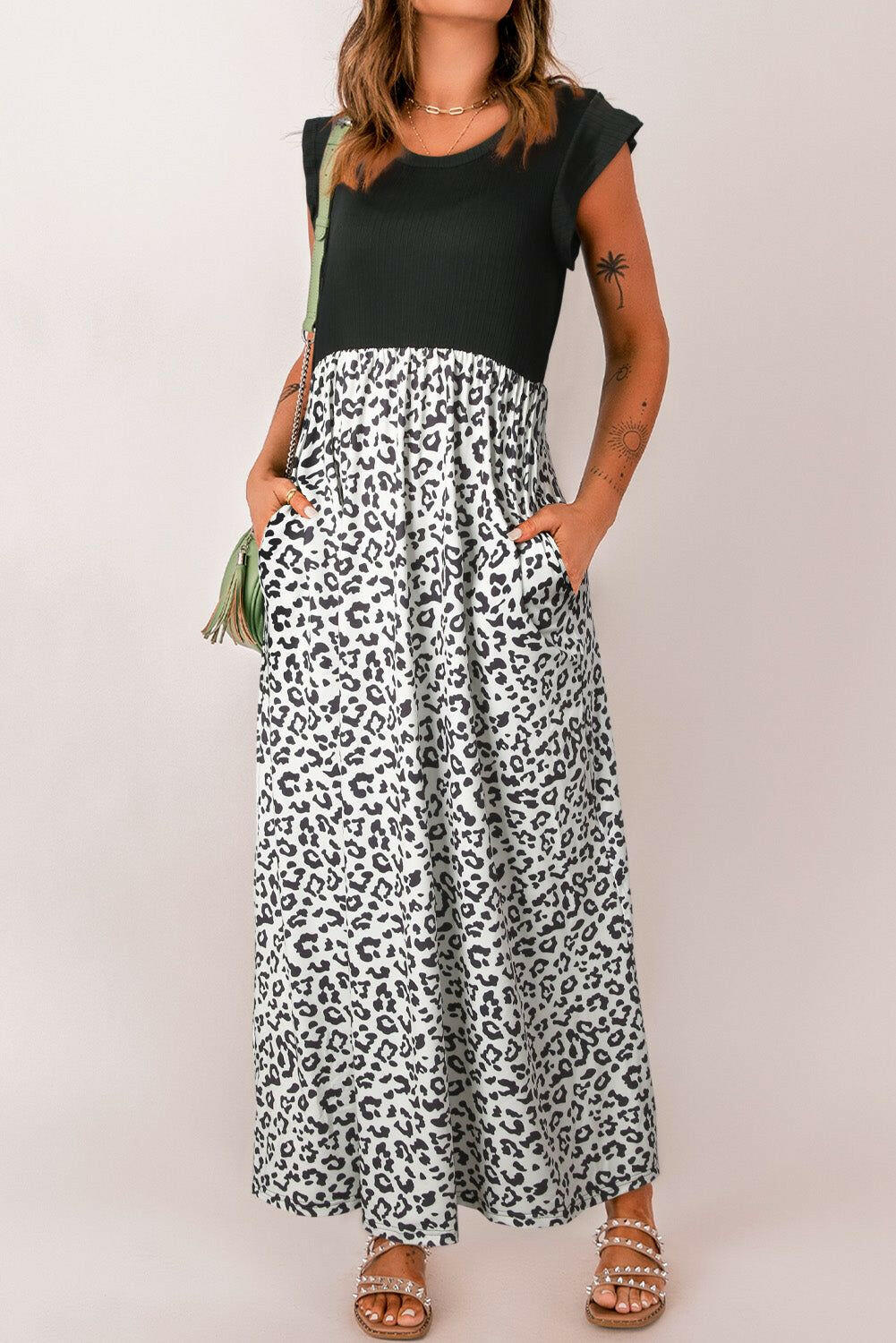 Leopard Print Round Neck Maxi Dress with Pockets - By Baano