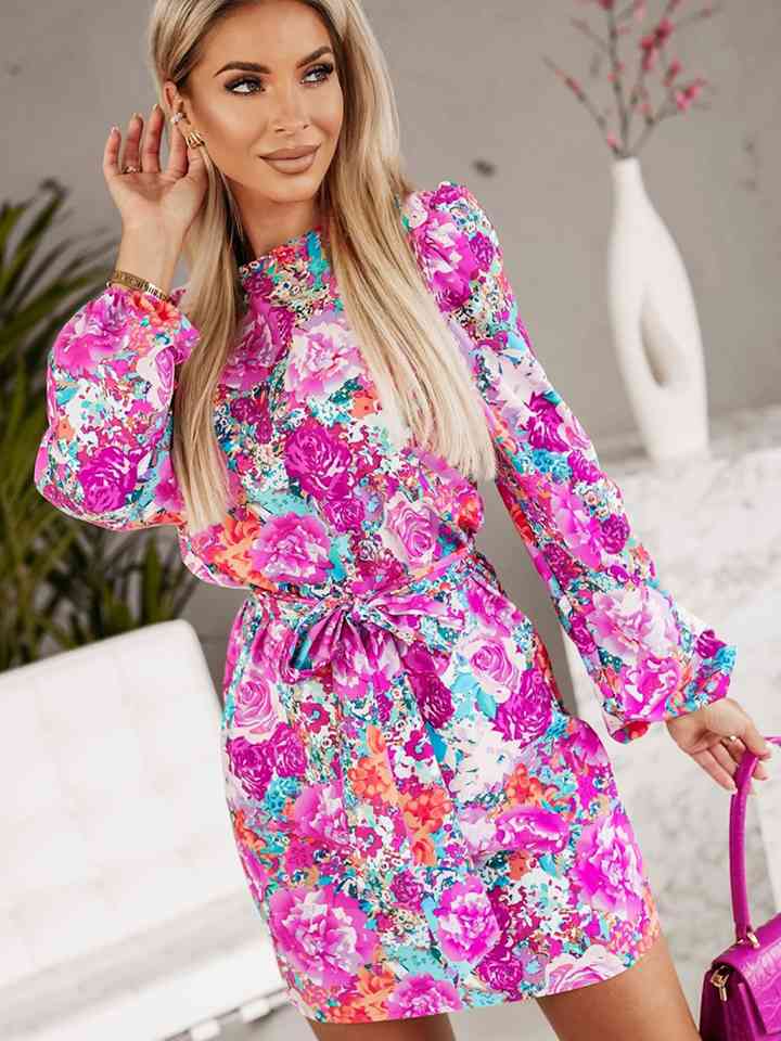 Floral Print Round Neck Long Sleeve Dress - By Baano