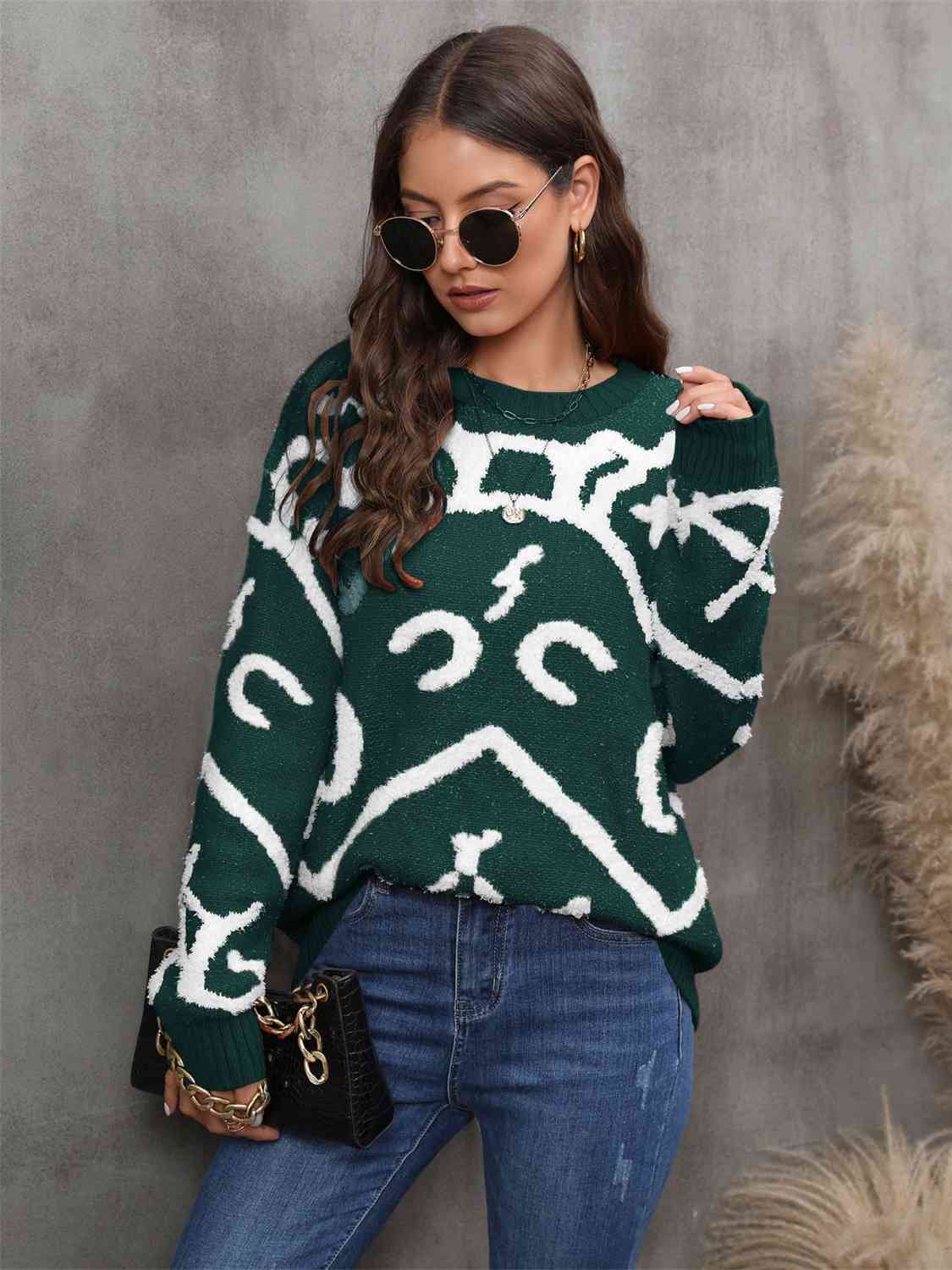 Printed Round Neck Long Sleeve Sweater - By Baano