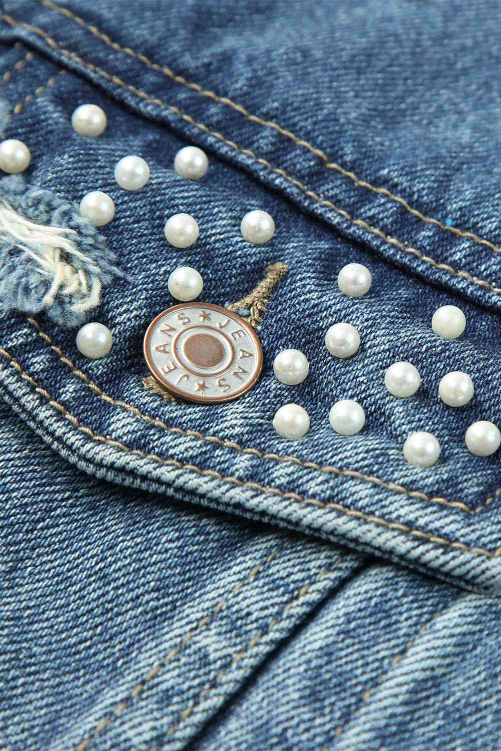Pearl Detail Distressed Button Up Denim Jacket - By Baano
