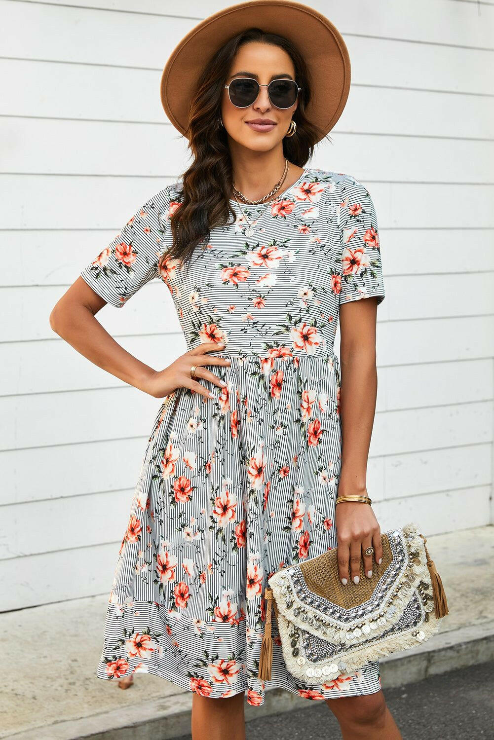 Striped Floral Short Sleeve  Dress with Pockets.