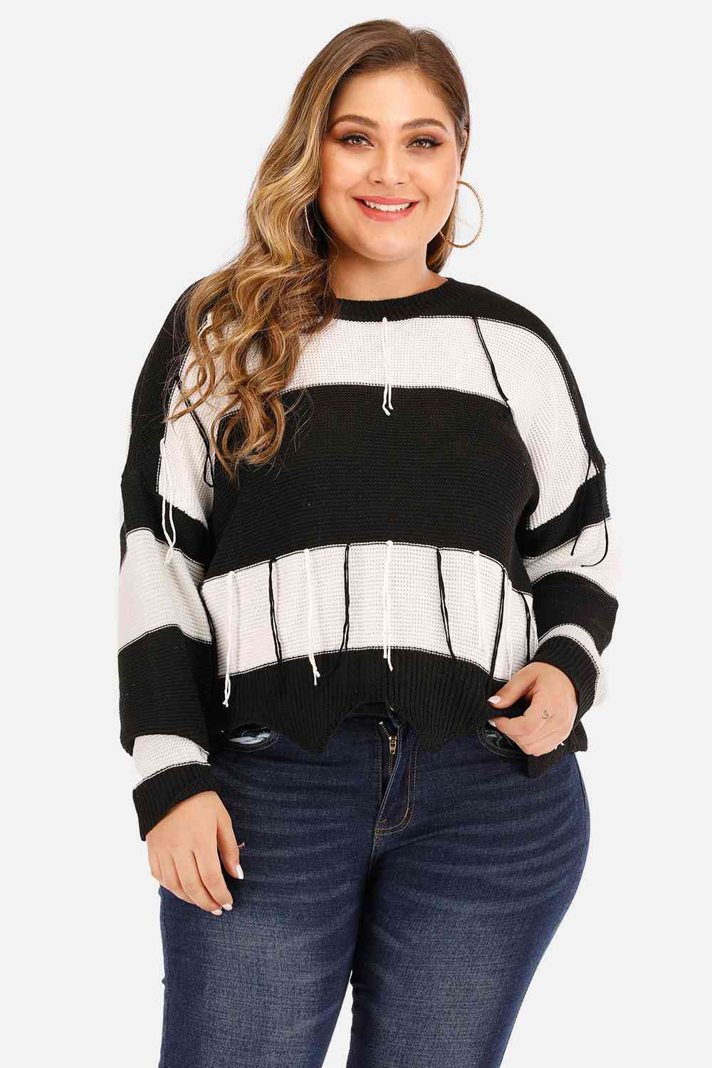 Plus Size Drop Shoulder Color Block Sweater - By Baano
