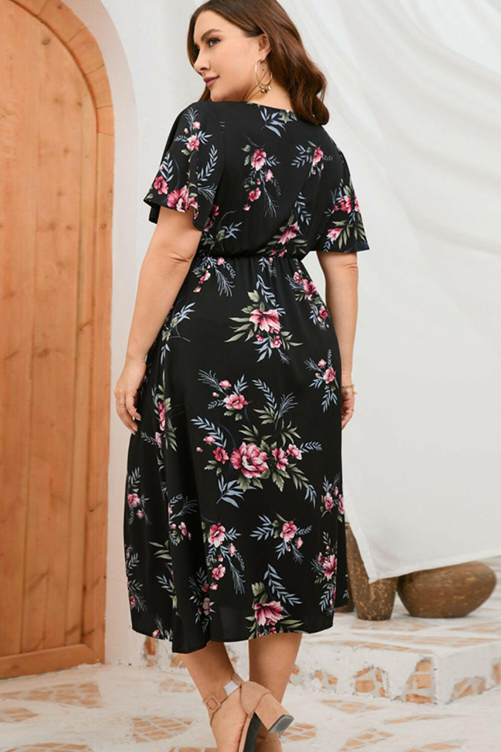 Plus Size Floral Short Sleeve Split Dress - By Baano