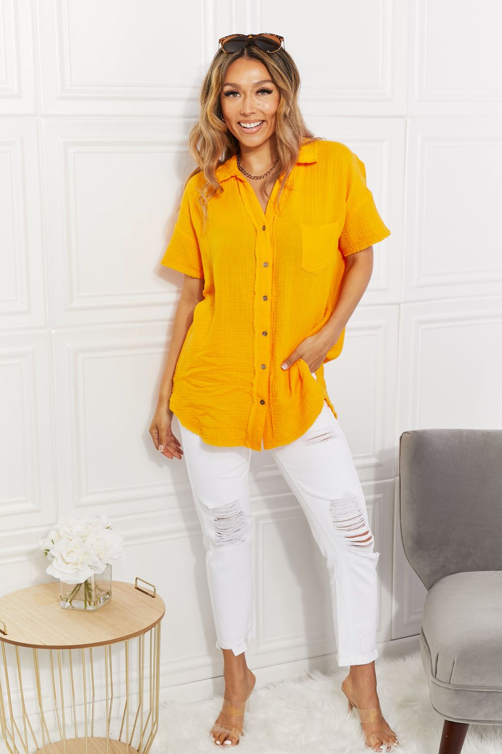 Zenana Full Size Summer Breeze Gauze Short Sleeve Shirt in Mustard.