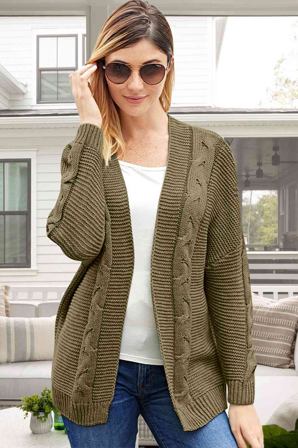 Cable-Knit Open Front Long Sleeve Cardigan - By Baano